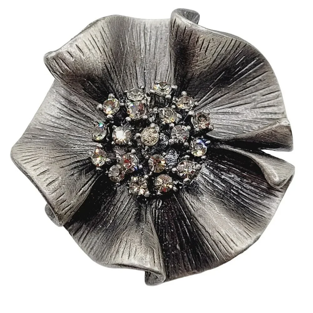 Premier Designs Camille Brooch Pendant Ruffled Ribbon Rhinestones Pewter Look